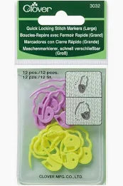 Clover stitch markers in purple and yellow, packaged