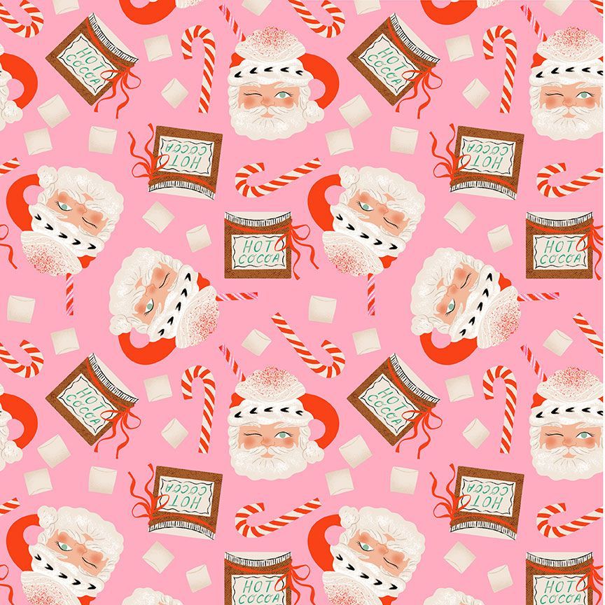 Pink background with Santa mugs, candy canes, marshmellows, and hot cocoa packs