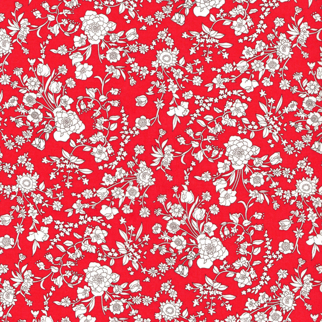 A red floral pattern fabric from Liberty Fabrics Tana Lawn collection.