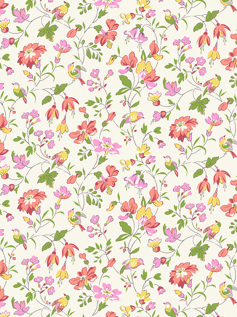 Floral pattern with pink, yellow, and green flowers on a white background