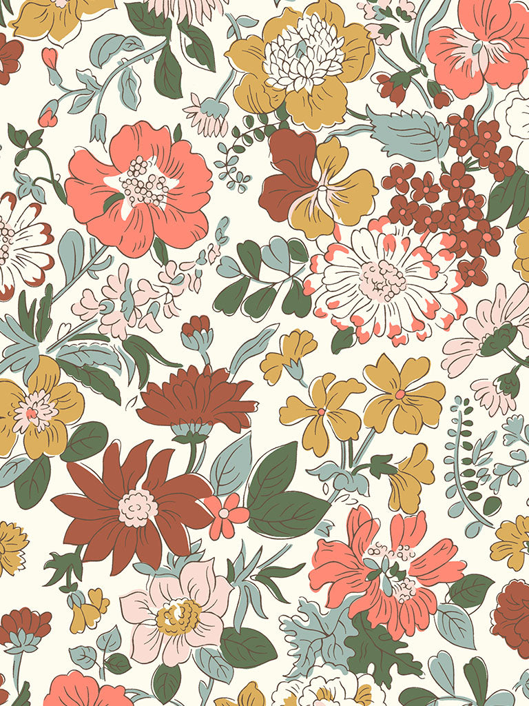 Pattern of colorful flowers and leaves on a white background