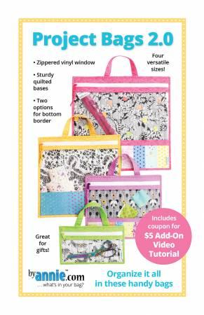 A selection of project bags in various sizes with zipper vinyl windows, handles, and colorful borders. The image also includes text detailing the features of the bags and a promotional code for a video tutorial.
