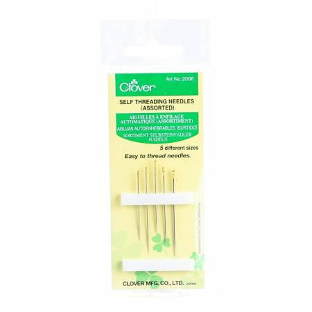 Packaging of Clover self-threading needles, displaying five needles through a clear plastic window, with green and white labeling.
