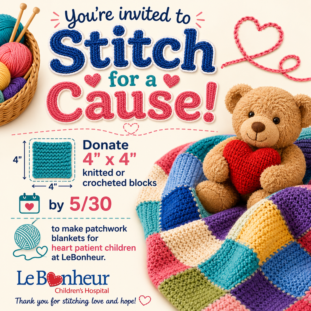 Stitch for a Cause! Donate knitted or crocheted 4" x 4" blocks by 5/30/26