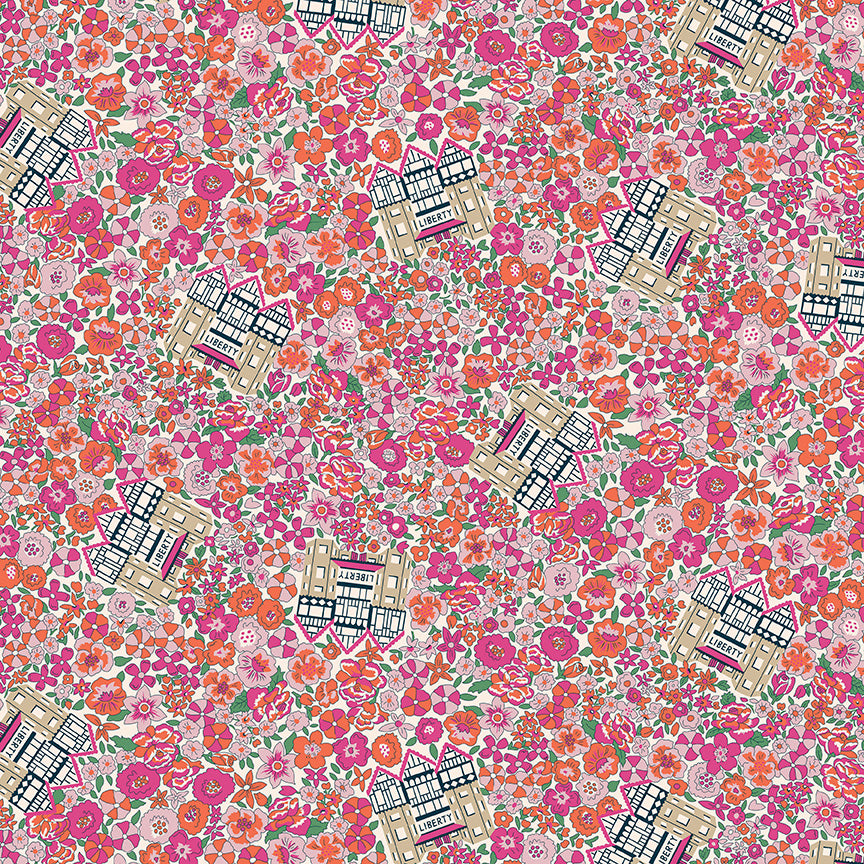 Red, pink, and orange floral design with Liberty of London building scattered throughout the flowers