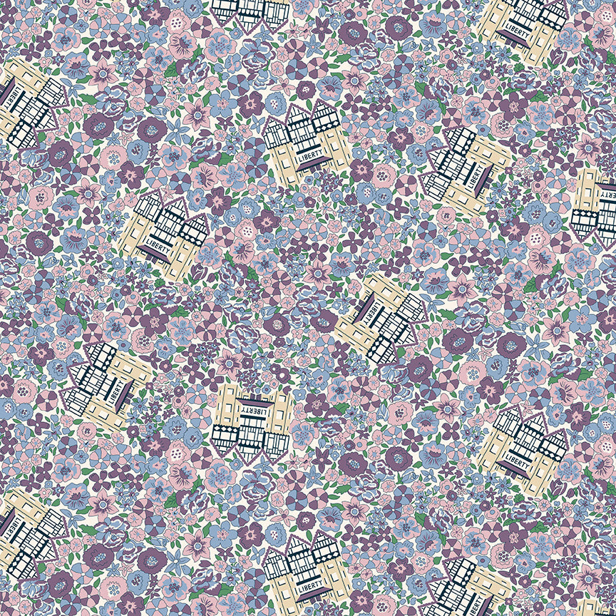 Blue and purple floral design with Liberty of London buildings placed throughout