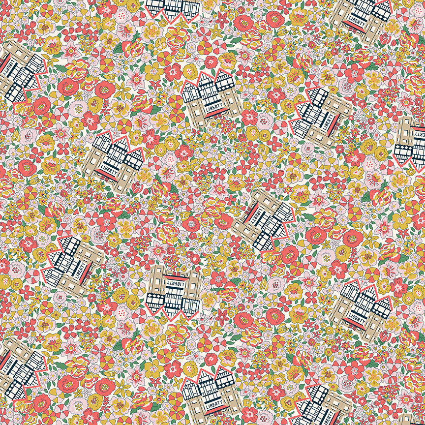 Orange, red, and pink flowers with Liberty of London building placed throughout
