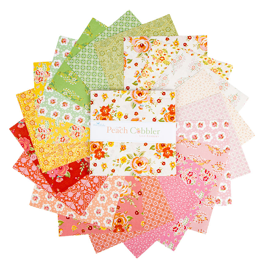 Collection of colorful fabric squares with a central card labeled 'Peach Cobbler' on a white background