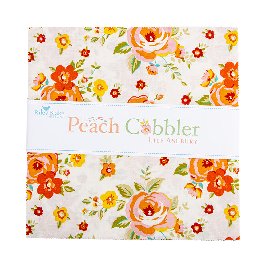 Floral fabric swatch with 'Peach Cobbler' label by Lily Ashbury on a white background