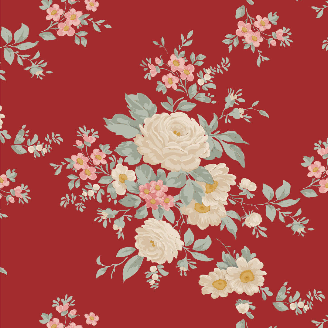 Floral pattern with white and pink flowers on a red background
