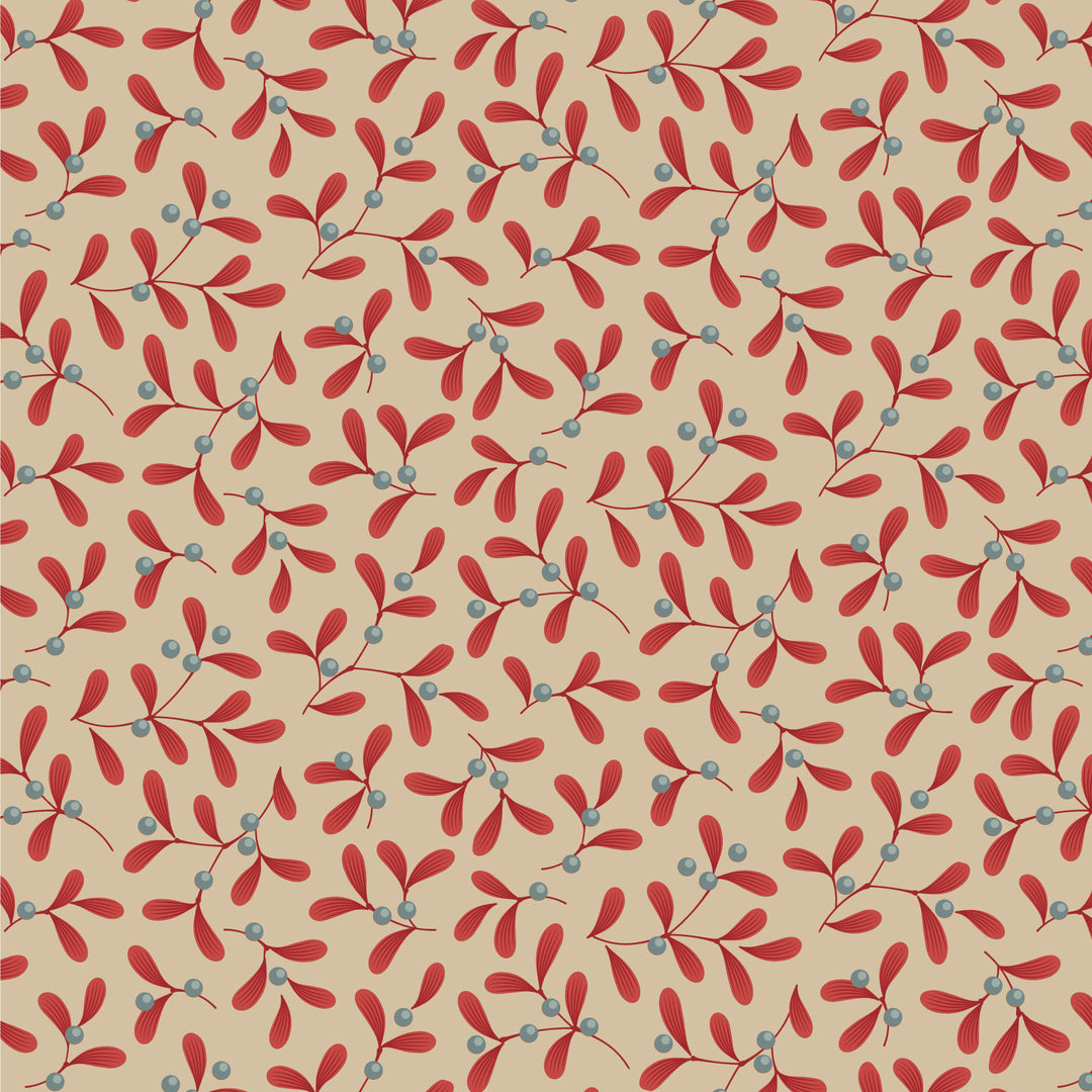 Pattern of red leaves and blue berries on a beige background
