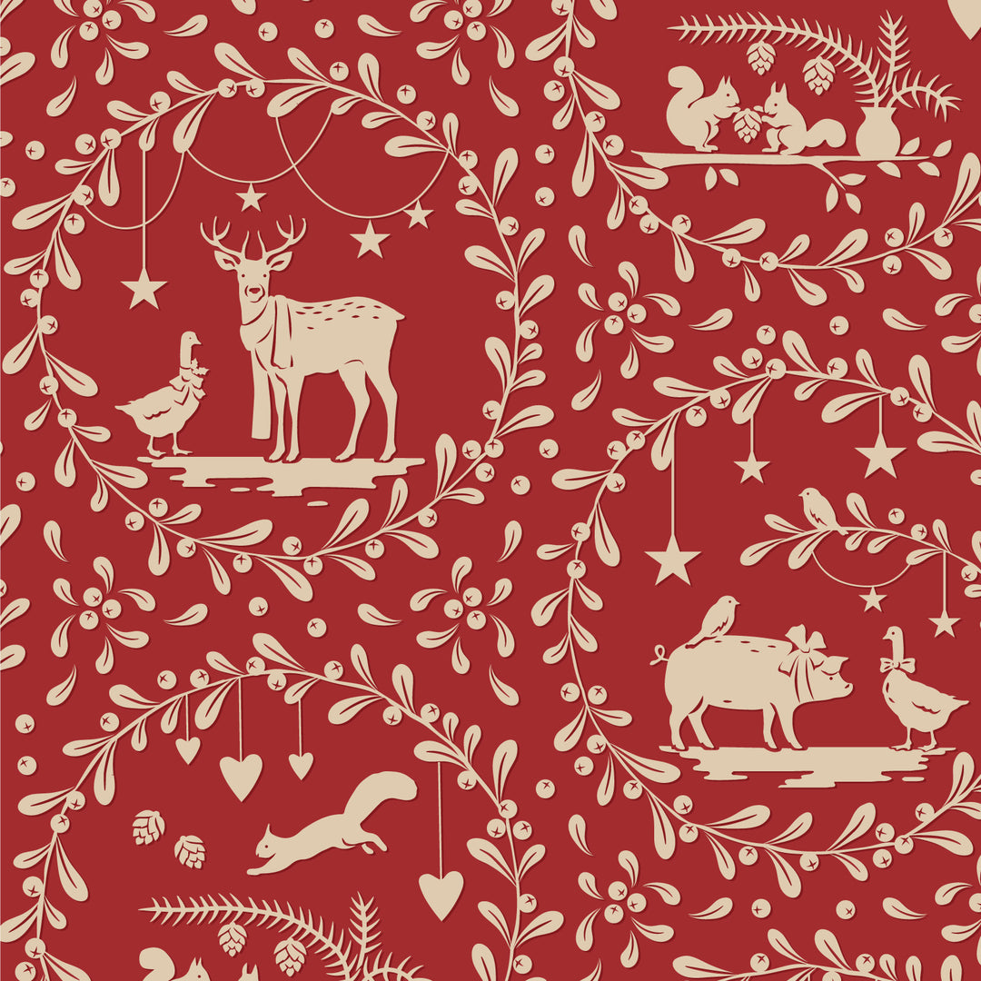 Pattern of animals and nature elements on a red background