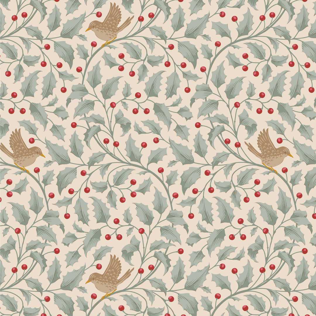 Pattern of birds and holly leaves with red berries on a beige background