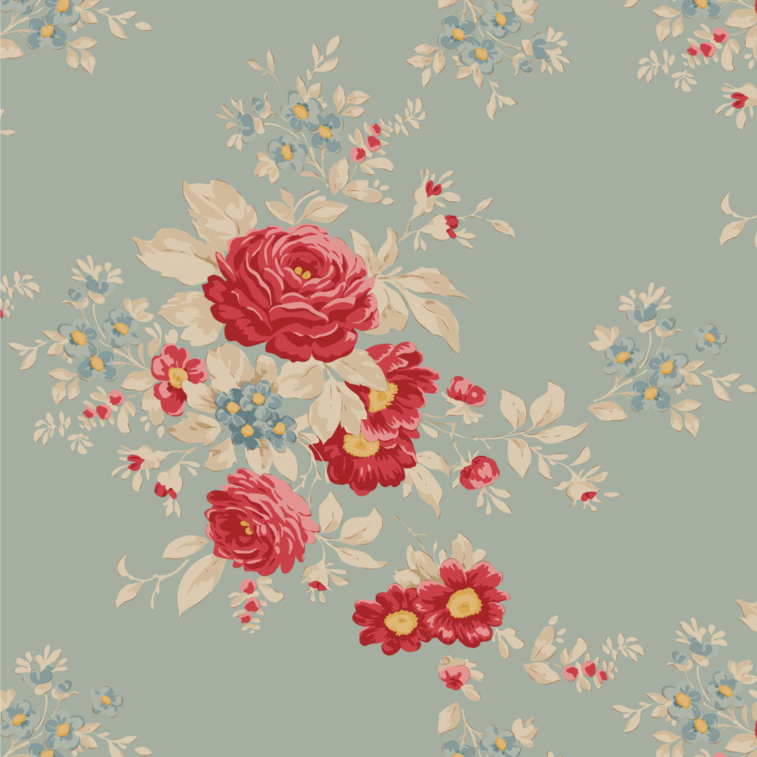 Floral pattern with red and cream/pink flowers on a light blue background
