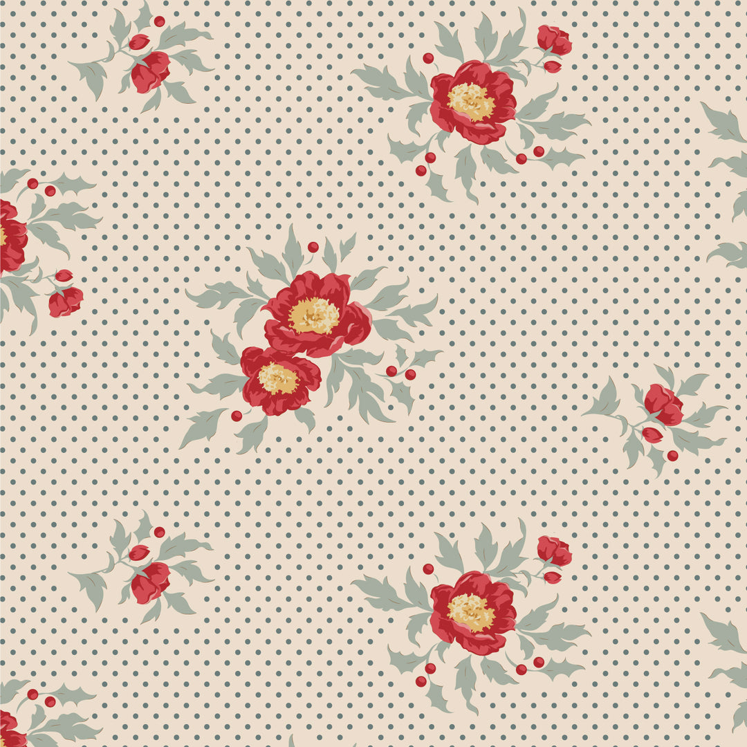 Floral pattern with red flowers and green leaves on a beige background with blue dots