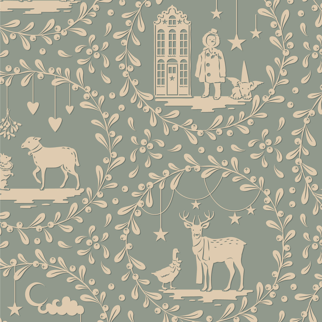 Decorative pattern with animals, buildings, and foliage on a blue background