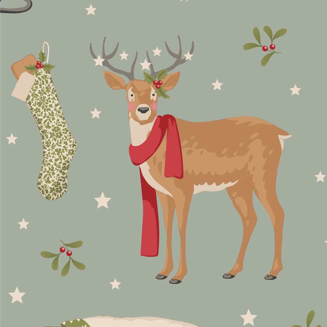 Illustration of a deer with a red scarf, mistletoe, and a stocking on a green background.