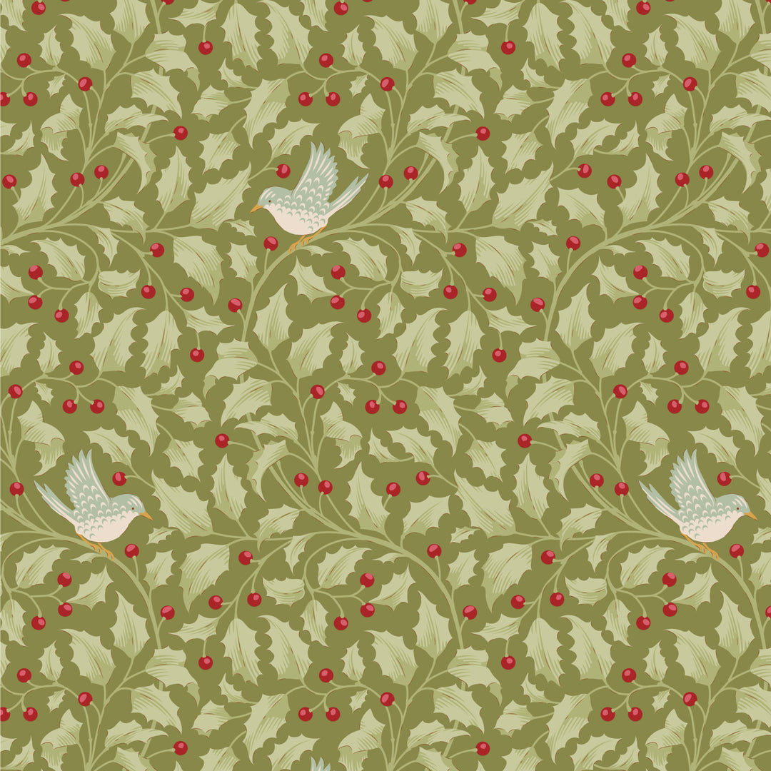 Pattern of green leaves and red berries with white birds on a green background