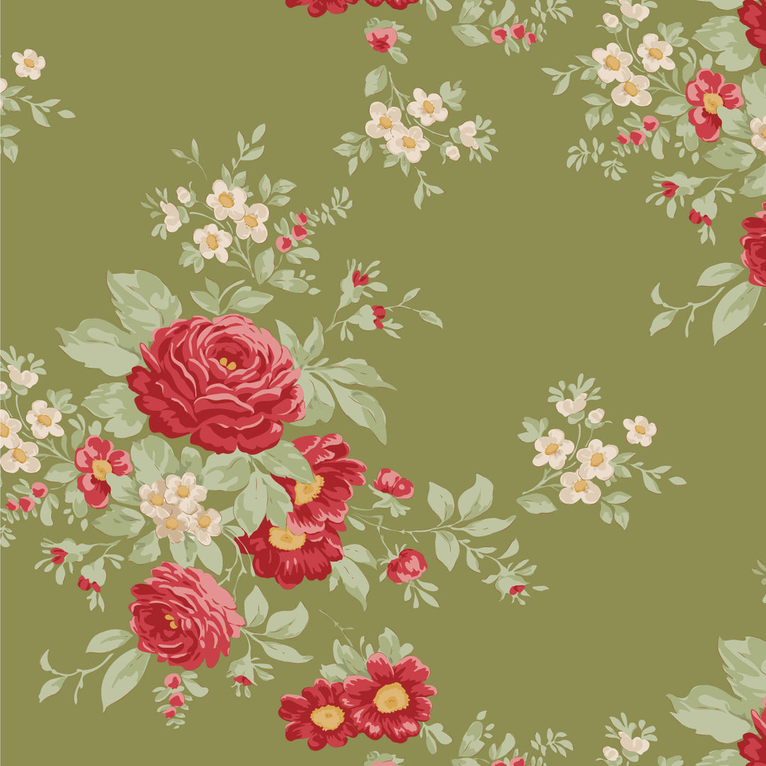 Floral pattern with red and white flowers on a green background