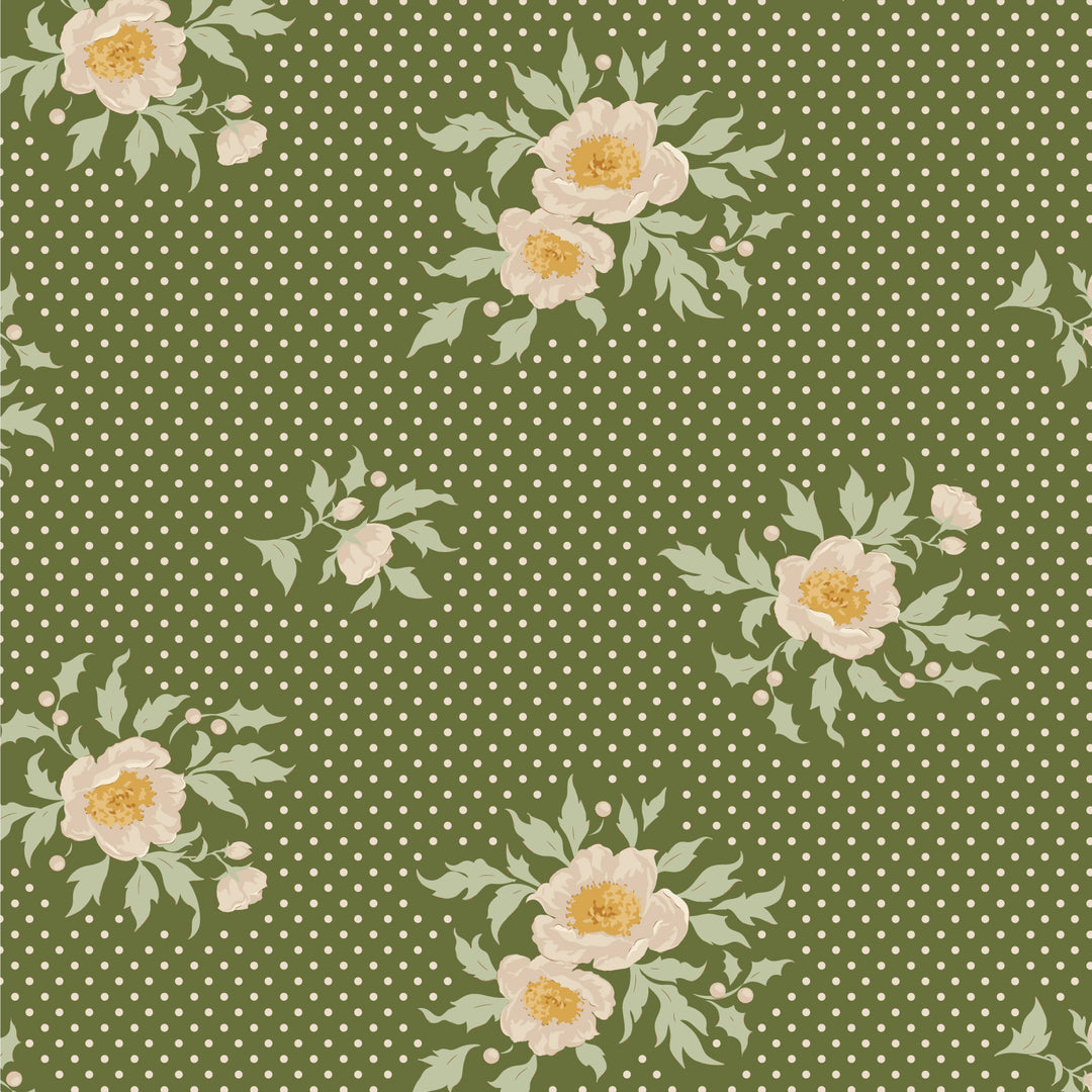 Floral pattern with white flowers and green leaves with cream polka dot on a green background