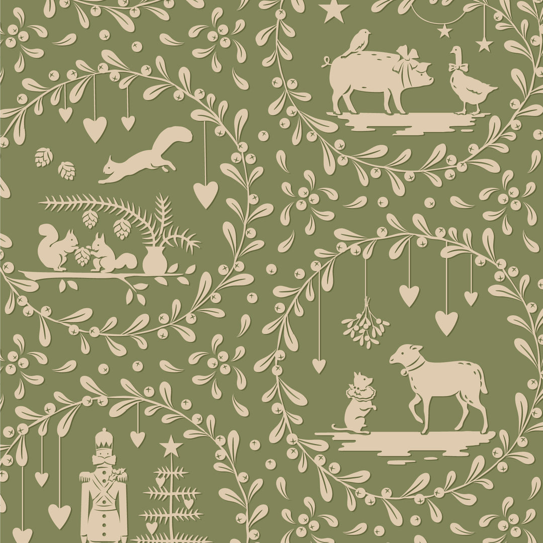 Patterned design with animals and nature elements on a green background