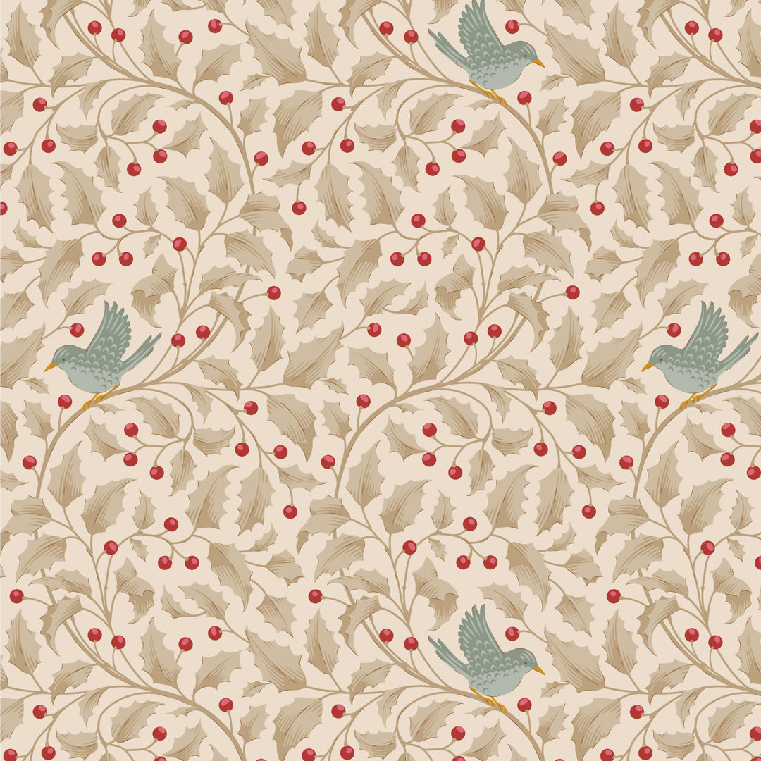 Patterned fabric with birds and red berries on a beige background