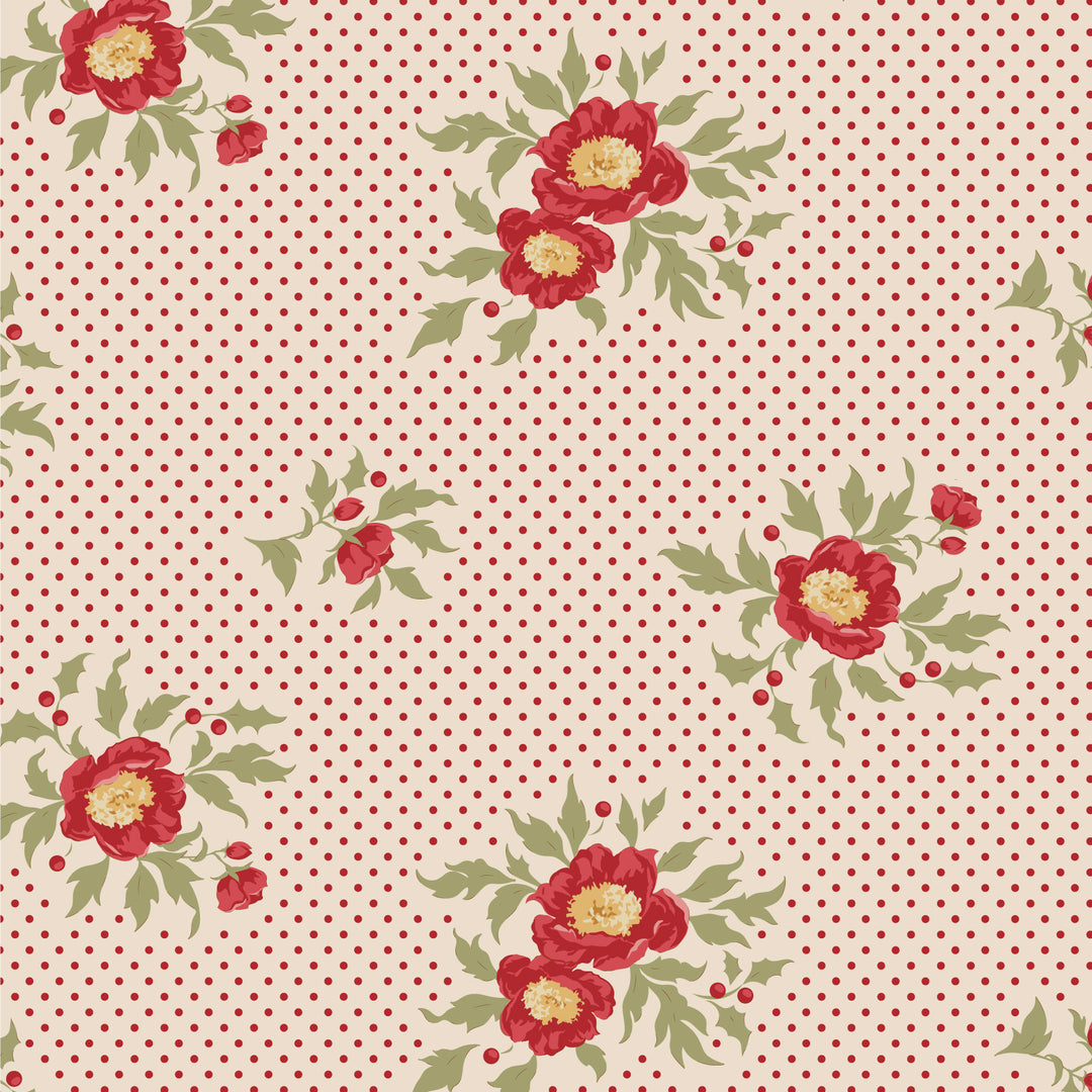 Floral pattern with red flowers and green leaves on red polka dot and a cream background