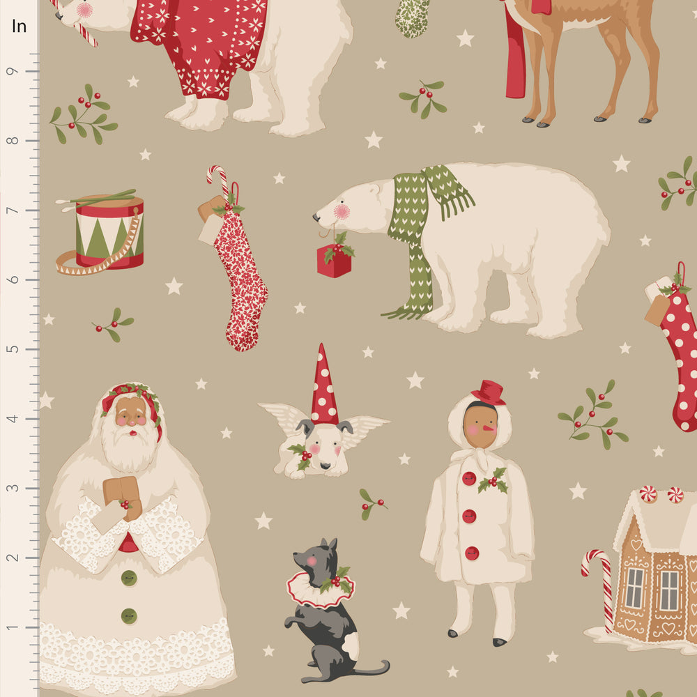Christmas-themed fabric with Santa Claus, reindeer, and other holiday elements on a beige background.