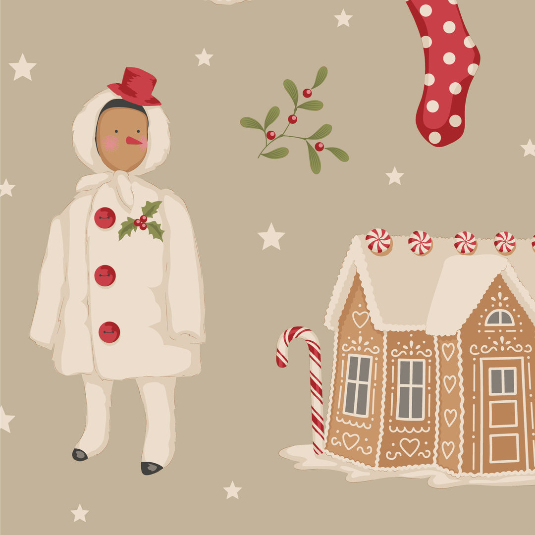 Christmas-themed fabric with Santa Claus, reindeer, and other holiday elements on a beige background.