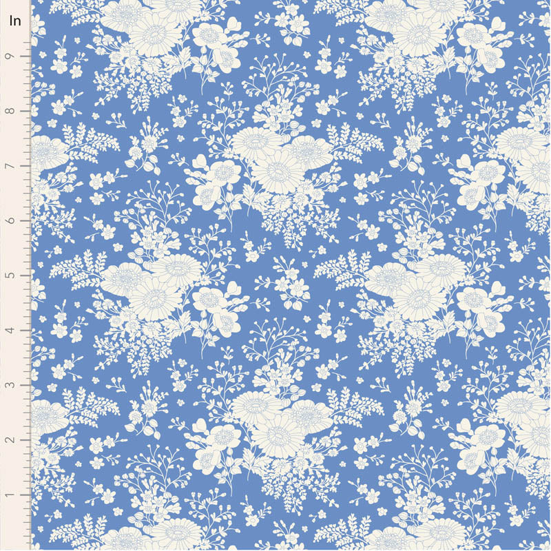 Floral pattern fabric swatch on a blue background