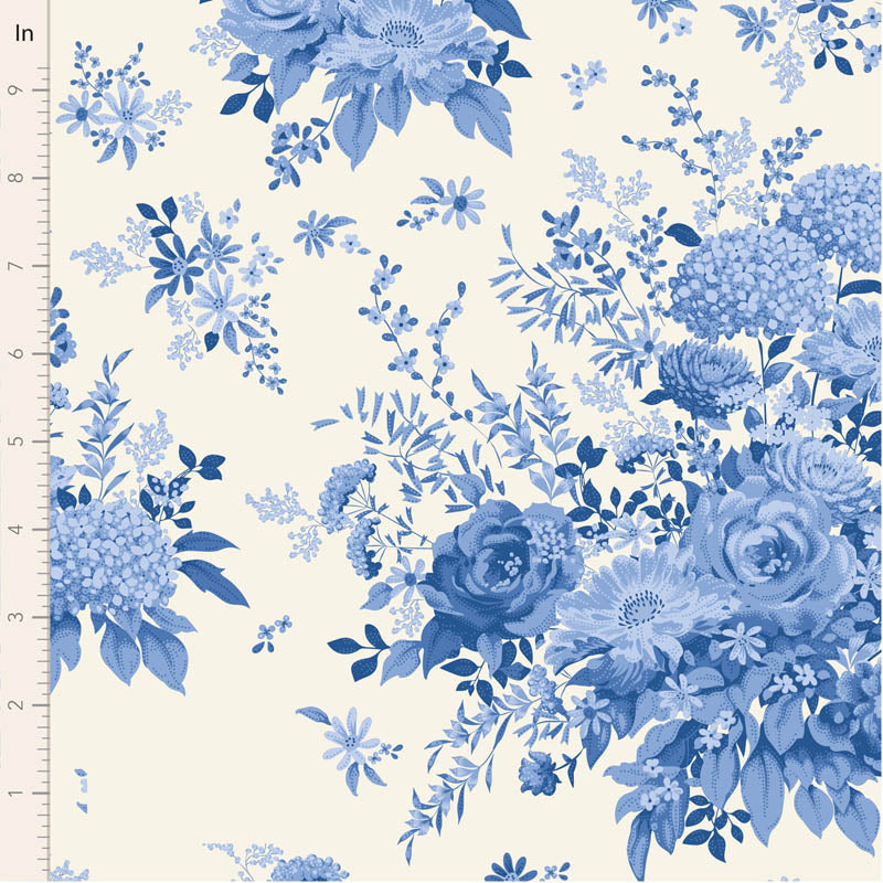 Blue floral pattern on a white background with a ruler for scale.