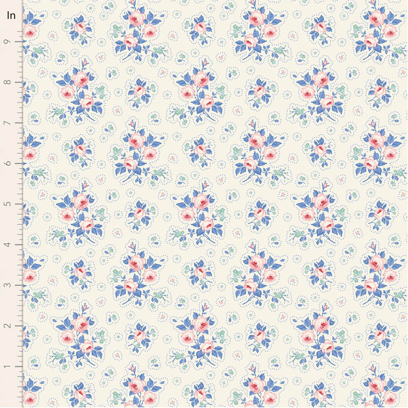 Floral pattern fabric with blue and pink flowers on a white background