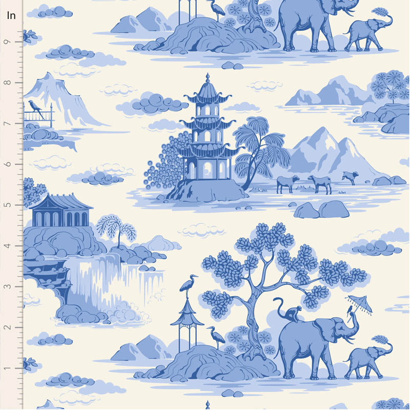 Fabric with blue and white landscape design featuring elephants, pagodas, and trees.