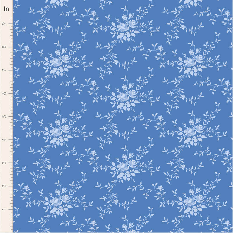 Floral pattern on a blue fabric swatch
