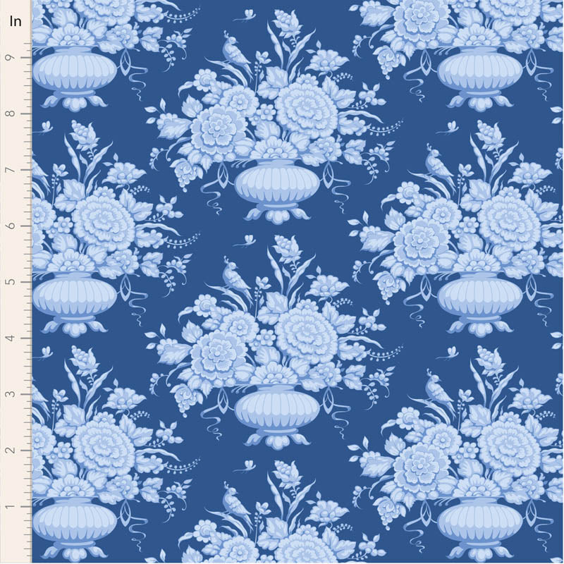 Blue floral pattern with urns on a blue background