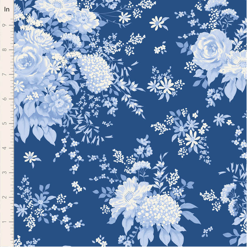 Floral pattern with blue and white flowers on a blue background, measured in inches.