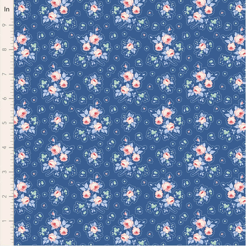 Floral pattern on a blue background with a ruler for scale.