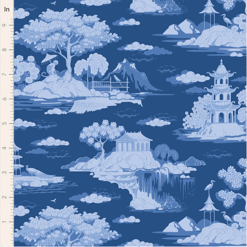 Fabric with blue and white landscape pattern featuring pagodas, trees, and mountains.