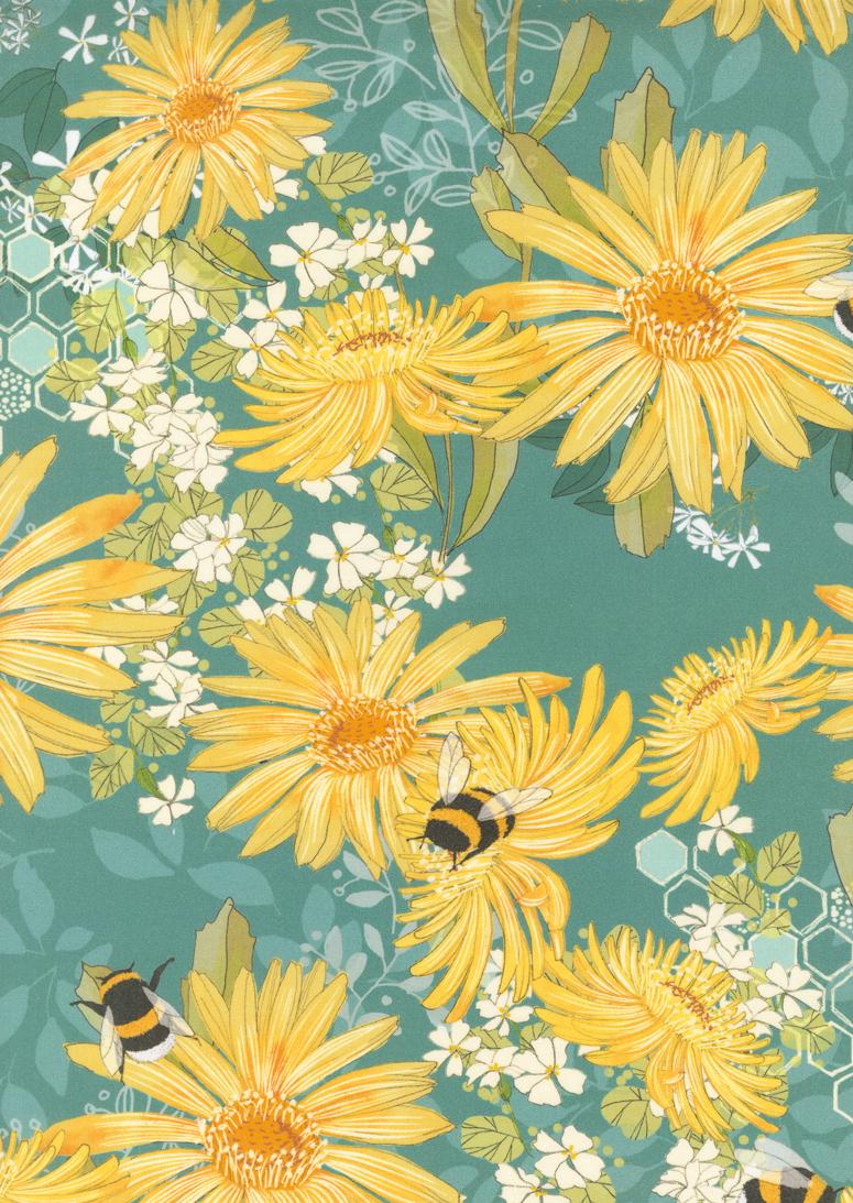 Floral pattern with yellow flowers and bees on a teal background