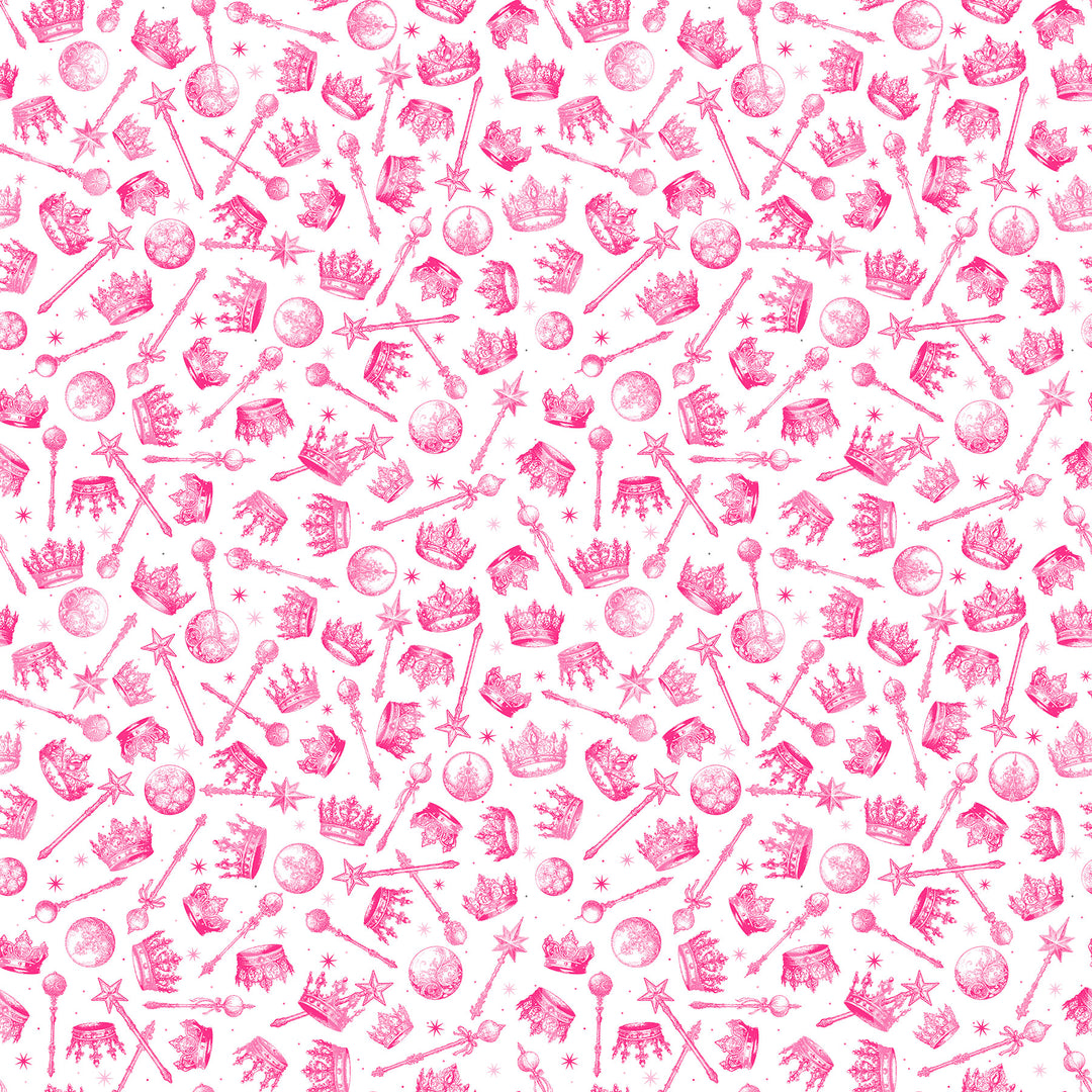 Pattern of pink musical instruments and crowns on a white background