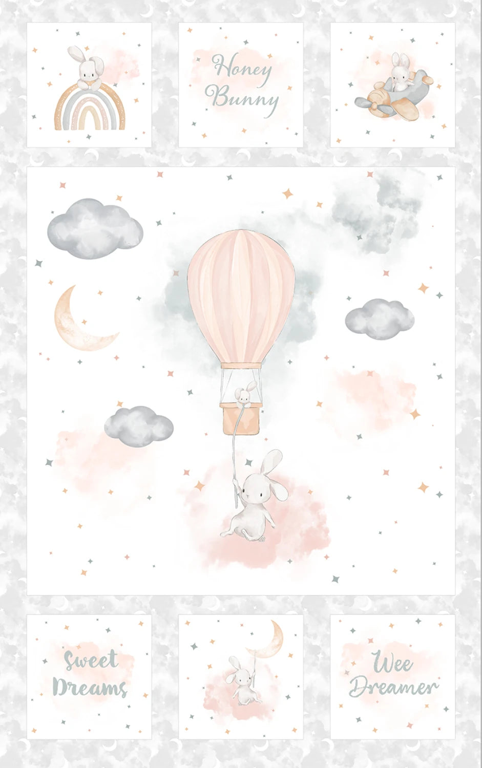 Children's wall art with hot air balloon, bunny, and text on a light gray background