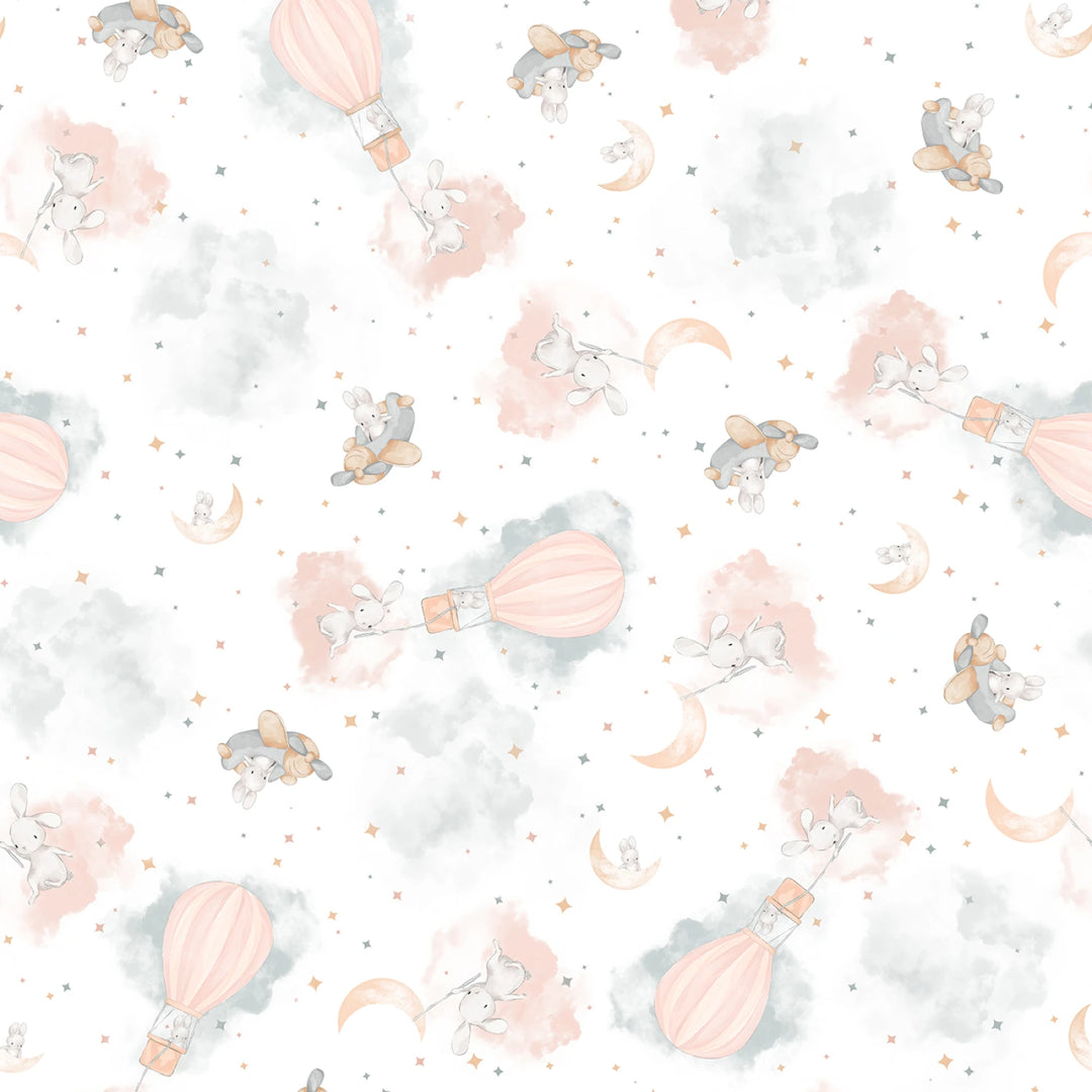 Pattern of cartoon characters in hot air balloons on a white background