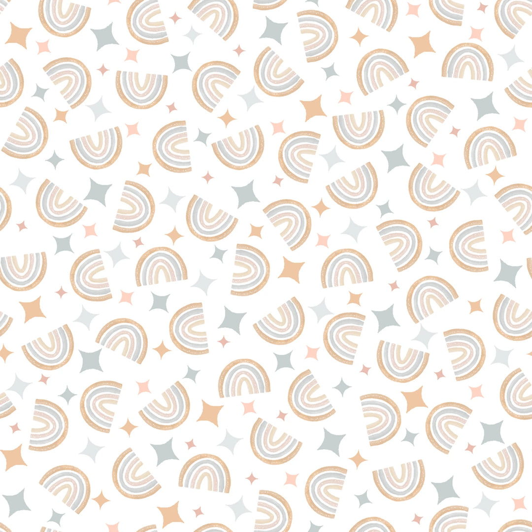 Pattern of rainbows and stars on a white background