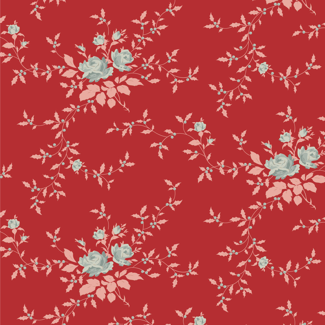 Floral pattern with light blue flowers and pink leaves on a red background