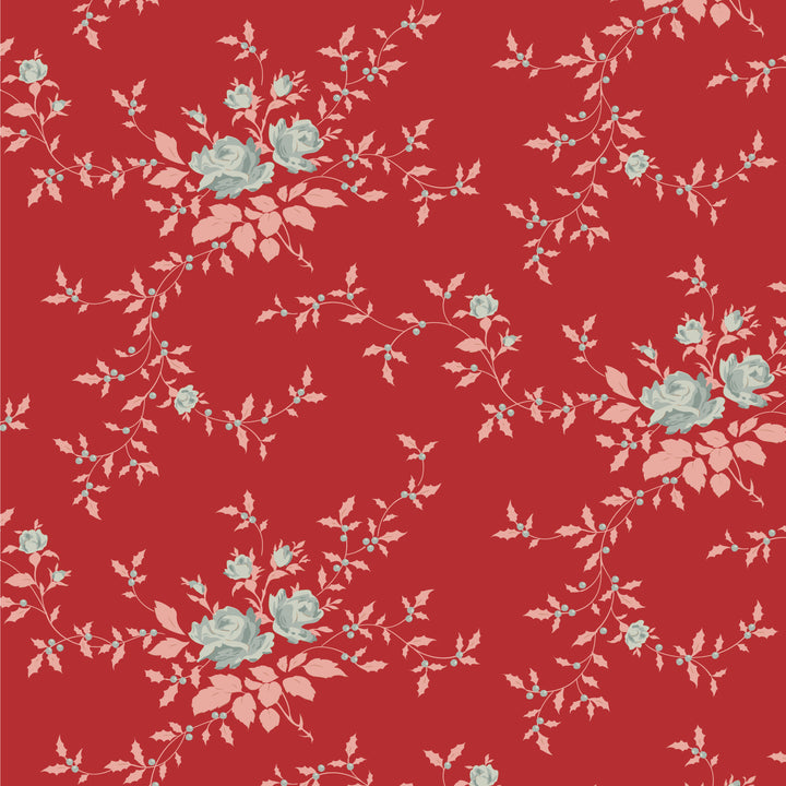 Floral pattern with light blue flowers and pink leaves on a red background
