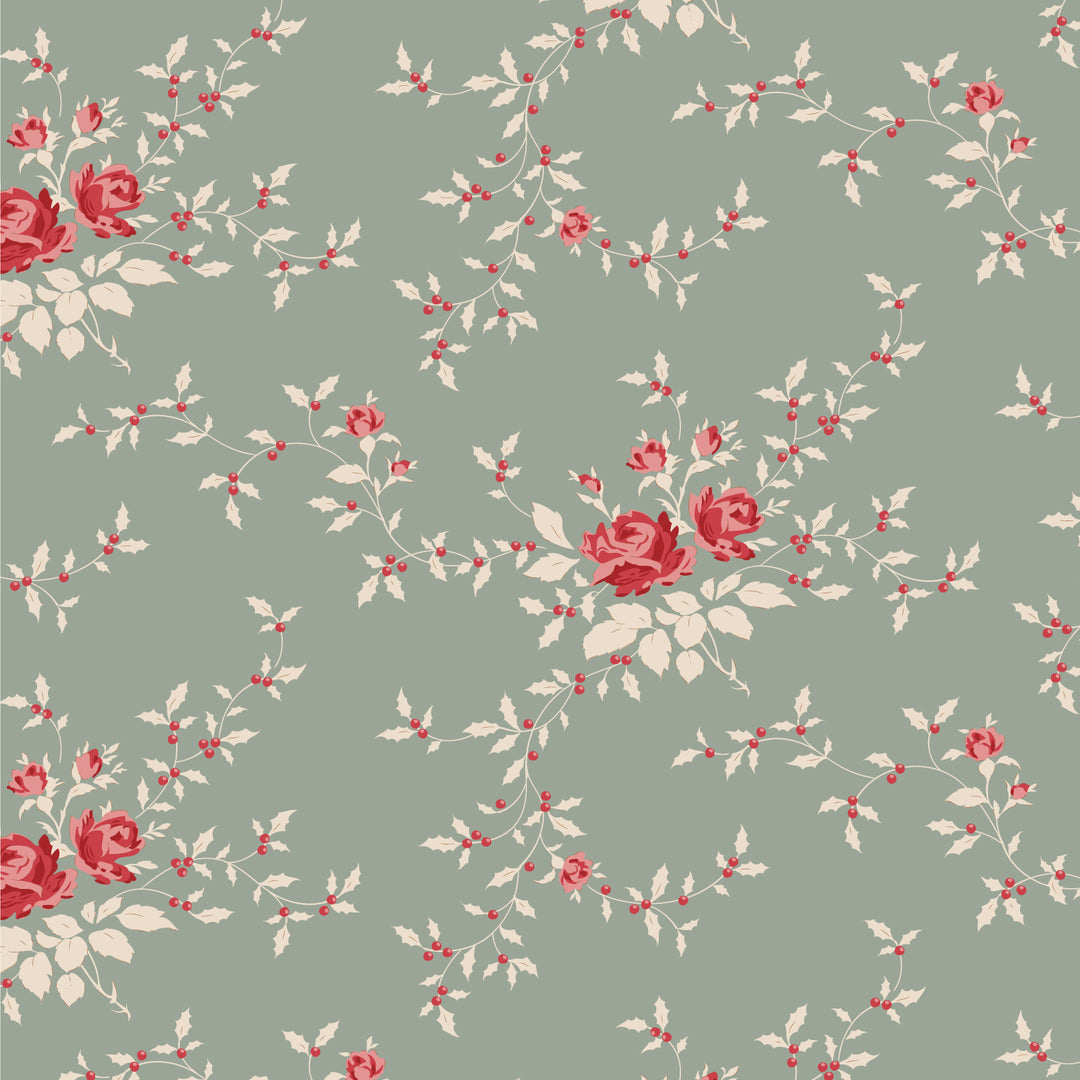 Floral pattern with red roses and green leaves on a light blue background