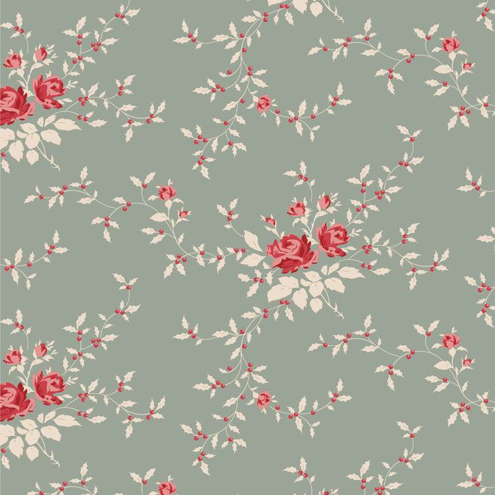 Floral pattern with red roses and green leaves on a light blue background