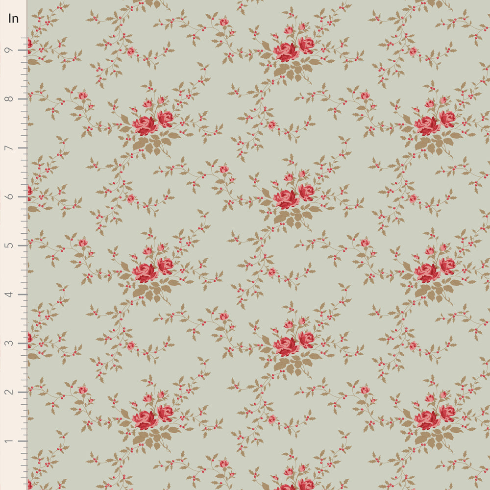 Floral patterned fabric with red and pink flowers on a light background, measured in inches.