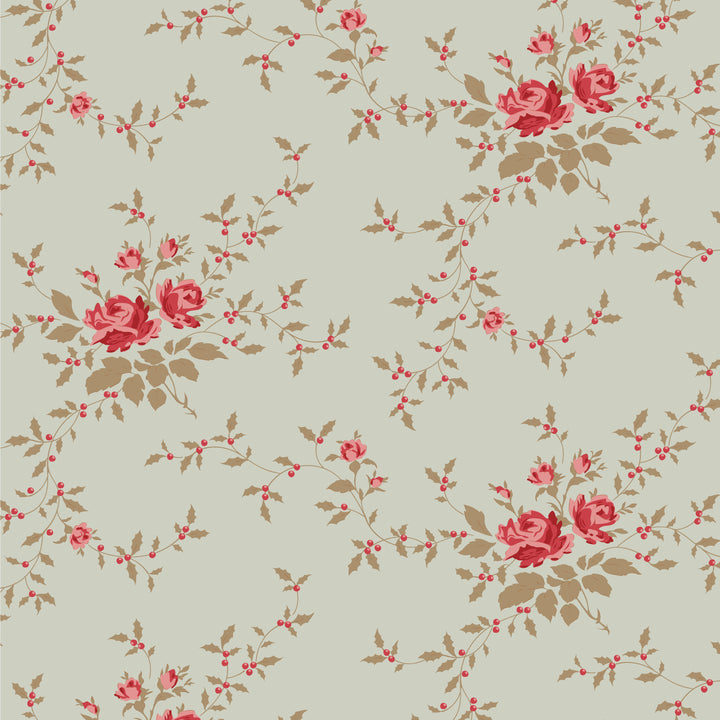 Floral pattern with pink roses and green leaves on a light blue background