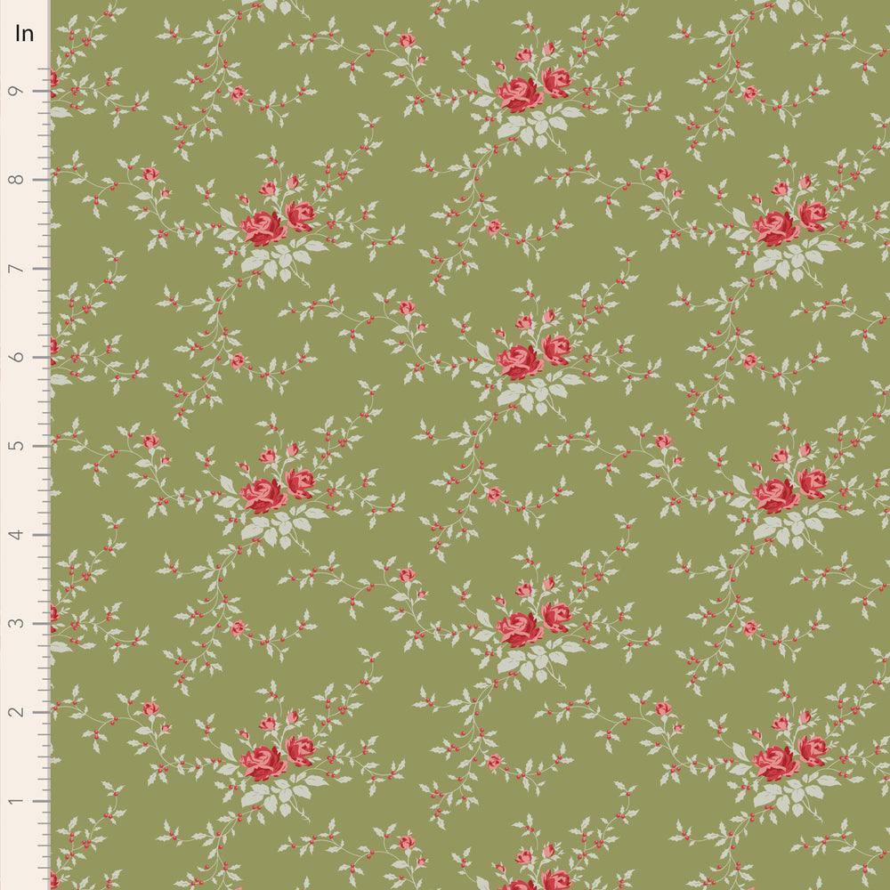 Floral pattern with red roses and green leaves on a green background, measured against a ruler.